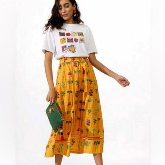Anthropologie Emily Lovelock Yellow Floral Print Wrap Midi Skirt Modal Size 4/6 - Picture 1 of 7